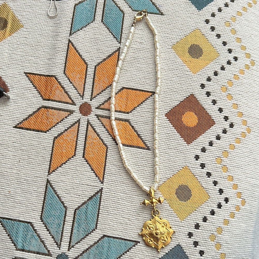 Gold and Cream Necklace with Pendant by C Stein